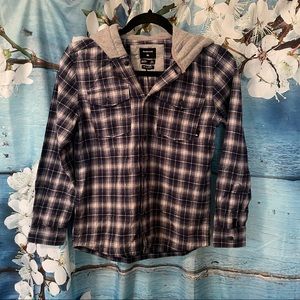 Quicksilver plaid flannel button down hoodie boys or girls size S/10 blue